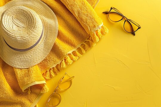 Summer beach aesthetics  yellow towel, sunglasses, and hat on matching background