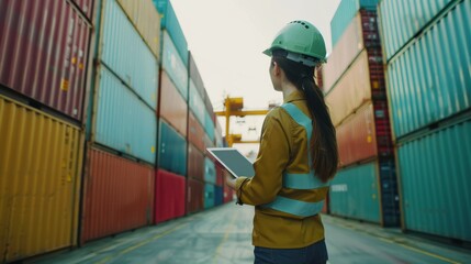 A young woman in safety gear and helmet stands in front of stacked shipping containers, holding a tablet, representing logistics and warehouse management.
