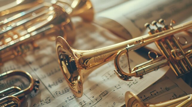 Shining brass instruments rest on music sheets, evoking the soulful energy of a symphony awaiting to be played.