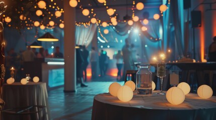 An elegantly lit party scene with round paper lanterns, draped fabric, and warm lighting, creating a festive and intimate atmosphere.