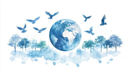Watercolor of the Earth with Flourishing Nature and Wildlife