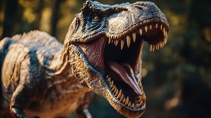 Obraz premium A close-up of a dinosaur's open mouth, revealing sharp teeth and a long tongue. The dinosaur's skin is textured and detailed, and its eye is visible in the background. 