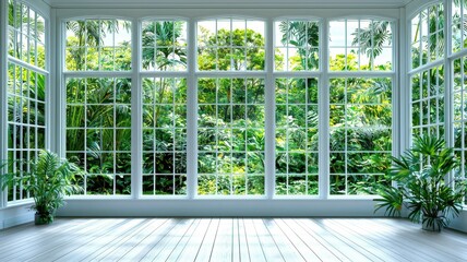 Bright interior with large windows showcasing lush greenery, creating a tranquil and inviting space filled with natural light.