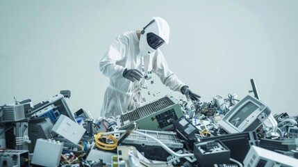 A person in protective gear sorts through a chaotic pile of electronic waste, highlighting the importance of recycling and environmental conservation.