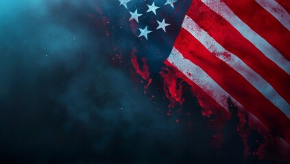 The American flag is depicted in an artistic style, with splashes of red and blue creating the iconic stars
