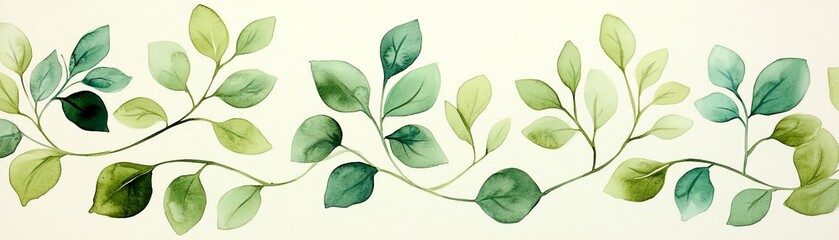 Fototapeta premium Watercolor leaf pattern, seamless design, repeating leaf motifs, varied shades of green, balanced composition, flowing movement, Watercolor style