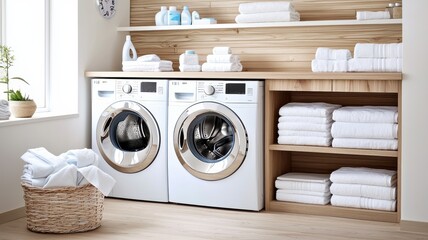 Modern laundry room featuring white appliances, neatly stacked towels, and organized shelves for a clean, inviting look.