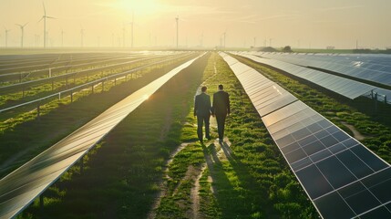 Fototapeta premium Two individuals in business attire walk through a vast solar farm at sunset, symbolizing collaboration for renewable energy and a sustainable future.