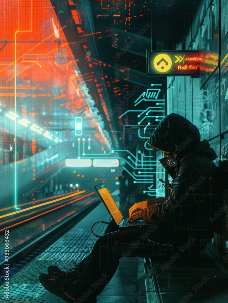 Poster a hacker sits at a metro station, focused on a laptop, revealing the vulnerabilities of unsecured pu