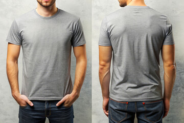 Man in grey t-shirt and jeans, front and back view. Front and back t-shirt design mock up.