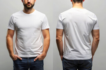 Man Wearing a Blank White T-Shirt. Front and back t-shirt design mock up.