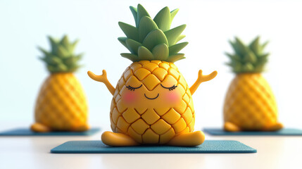 Cute pineapple 3d character sitting in yoga lotus pose and meditating. Healthy food concept for kids and adults