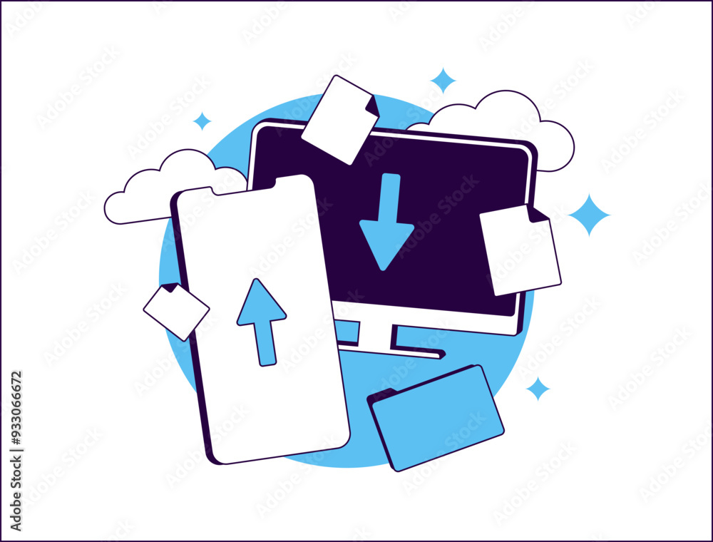Poster data transfer with secure cloud storage, mobile-to-laptop sync, cyber security and data backup. clou