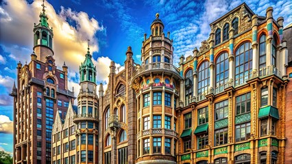 Fototapeta premium Vintage Art Nouveau towers rise high, their sinuous lines and organic curves a testament to the era's fascination with flowing shapes and ornate glasswork.