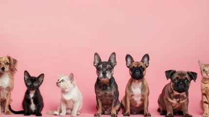 A group of various dogs and cats sit in a row against a pink background, displaying a perfect mix of cuteness and charm.