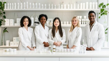 A diverse team of skincare specialists standing confidently in a modern skincare store, ready to assist customers with their skincare needs.