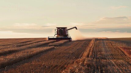 Fototapeta premium A combine harvester moves through a vast wheat field at sunrise, creating rows of neatly cut crops beneath a sky painted with soft morning hues.