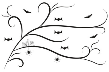 
set of Halloween Bats flourish swirls, hand-drawn fancy lines Calligraphy Ornament vine scroll decorative elements, black and white filigree curls, page decor wedding ornate holiday design element
