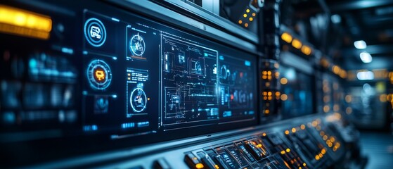 Fototapeta premium High-Tech Control Room with Advanced Digital Interfaces and Futuristic Displays in a Modern Technology Environment