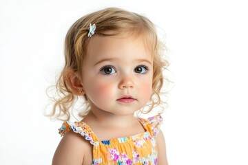 Close-up portrait of a toddler girl with curly hair wearing a colorful dress on a white background