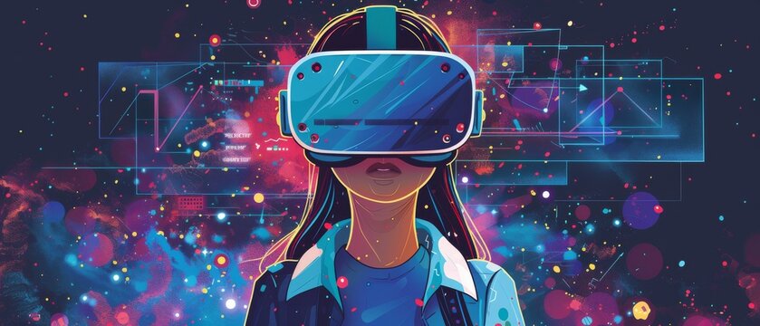 A colorful and engaging clip art illustration of a student wearing virtual reality goggles, surrounded by holographic educational content.