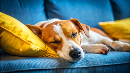 Sleeping Dog on Blue Sofa with Yellow Pillow.