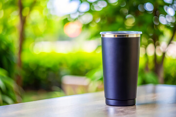 Black Tumbler on Wooden Table with Green Bokeh Background. Tumbler Mockup