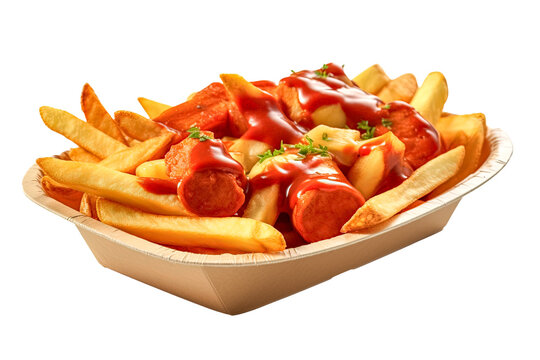 Leckere Currywurst mit Pommes, freigestellt vor transparentem Hintergrund, Generative AI
