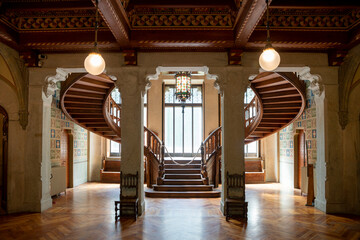 Castel Savoia located in Gressoney Saint Jean Aosta Italy view of the interior and the fabulous wooden staircase