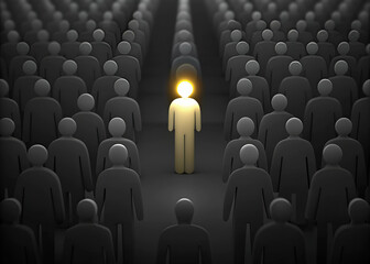 Fototapeta premium One man glowing among other people in dark condition, Leadership concept people standing in line
