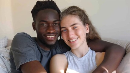 A bright, smiling interracial couple embraces each other lovingly, sharing their warmth and happiness in a sunlit room.