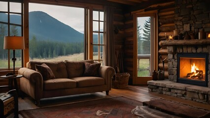 A cozy and rustic cabin interior, complete with a crackling fireplace and warm, earthy tones.