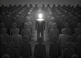 Obraz premium One man glowing among other people in dark condition, Leadership concept people standing in line
