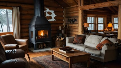 A cozy and rustic cabin interior, complete with a crackling fireplace and warm, earthy tones.