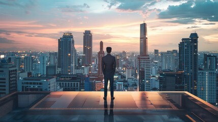 A business professional stands contemplatively, overlooking a vibrant city skyline illuminated by the colors of sunset