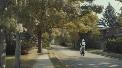 A rider on a motorcycle travels down a serene tree-lined suburban street, bathed in late afternoon sunlight.