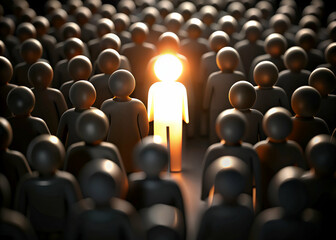 Obraz premium One man glowing among other people in dark condition, Leadership concept people standing in line