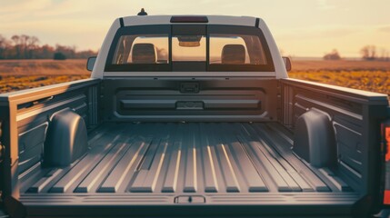 A sunlit, empty pickup truck bed with a vast field stretching into the horizon, creating a rustic and open feel.
