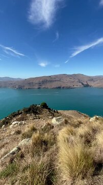 Panoramic Views of Godley Head Walkways , Awaroa ,Christchurch New Zealand, view of the sea and mountains