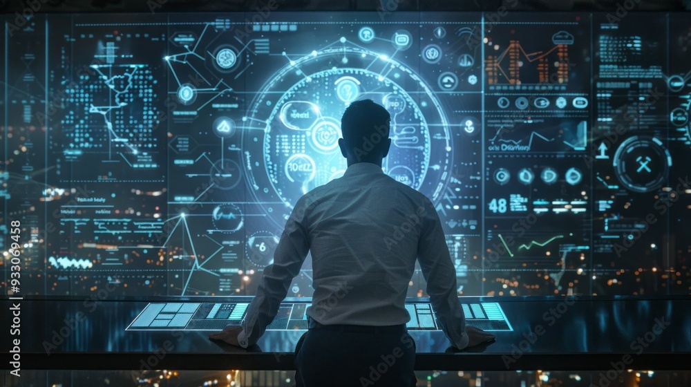 Aufkleber A person examines complex data visualizations on a digital interface while overlooking a city skyline