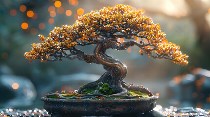 Obraz premium Bonsai Tree with Golden Leaves and Bokeh Lights 3D Illustration