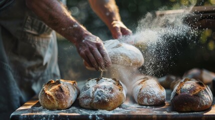 Flour floats in the air as a baker kneads dough, surrounded by rustic loaves of bread in a sunlit outdoor setting, evoking artistry, simplicity, and joy of baking.