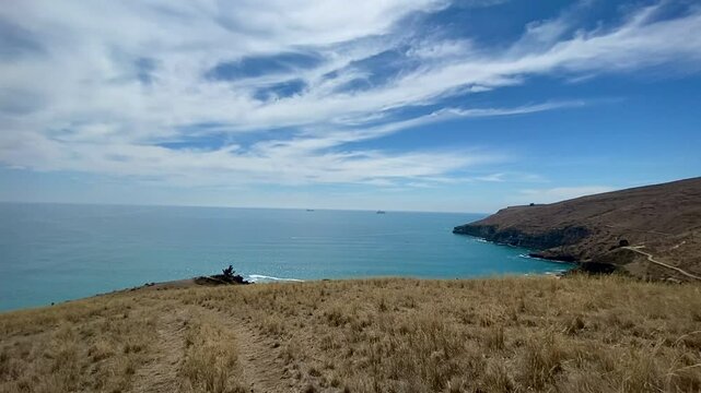 Panoramic Views of Godley Head Walkways , Awaroa ,Christchurch New Zealand, view of the coast of the sea