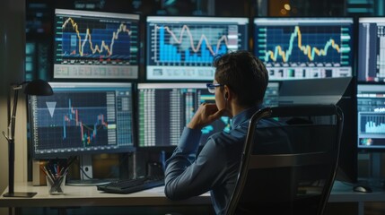 A focused trader sits at a desk, analyzing multiple financial charts on several monitors in a high-tech trading office, reflecting a fast-paced financial environment.