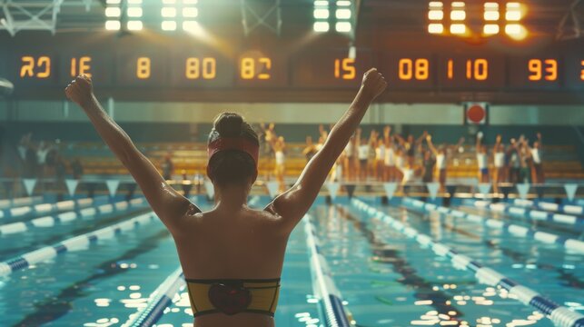 A swimmer celebrates triumphantly after completing a race, arms raised in victory against the backdrop of a vibrant, bustling swimming pool arena.
