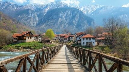 Wooden Bridge Leading to a Village in the Mountains