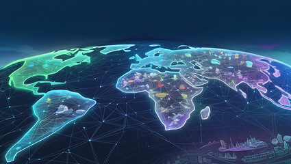 A futuristic, intricate illustration of a global network, depicted as a sprawling, three-dimensional web of interconnected nodes and lines, set against a dark blue, starry night sky, with subtle, grad