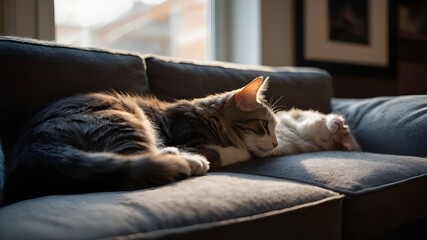 A heartwarming scene of a cat and dog cuddled up together on a cozy couch, basking in the warm glow of a crackling fireplace. The cat's fur is a soft, fluffy grey while the cats coat is a shaggy mix 