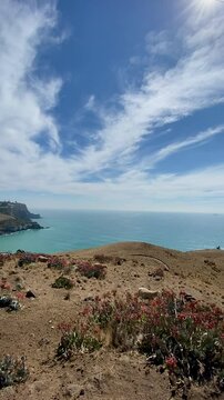 Panoramic Views of Godley Head Walkways , Awaroa ,Christchurch New Zealand, view of the coast of the sea