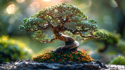 Fototapeta premium Bonsai Tree with Green Leaves and Twisted Branches in a Garden Photo